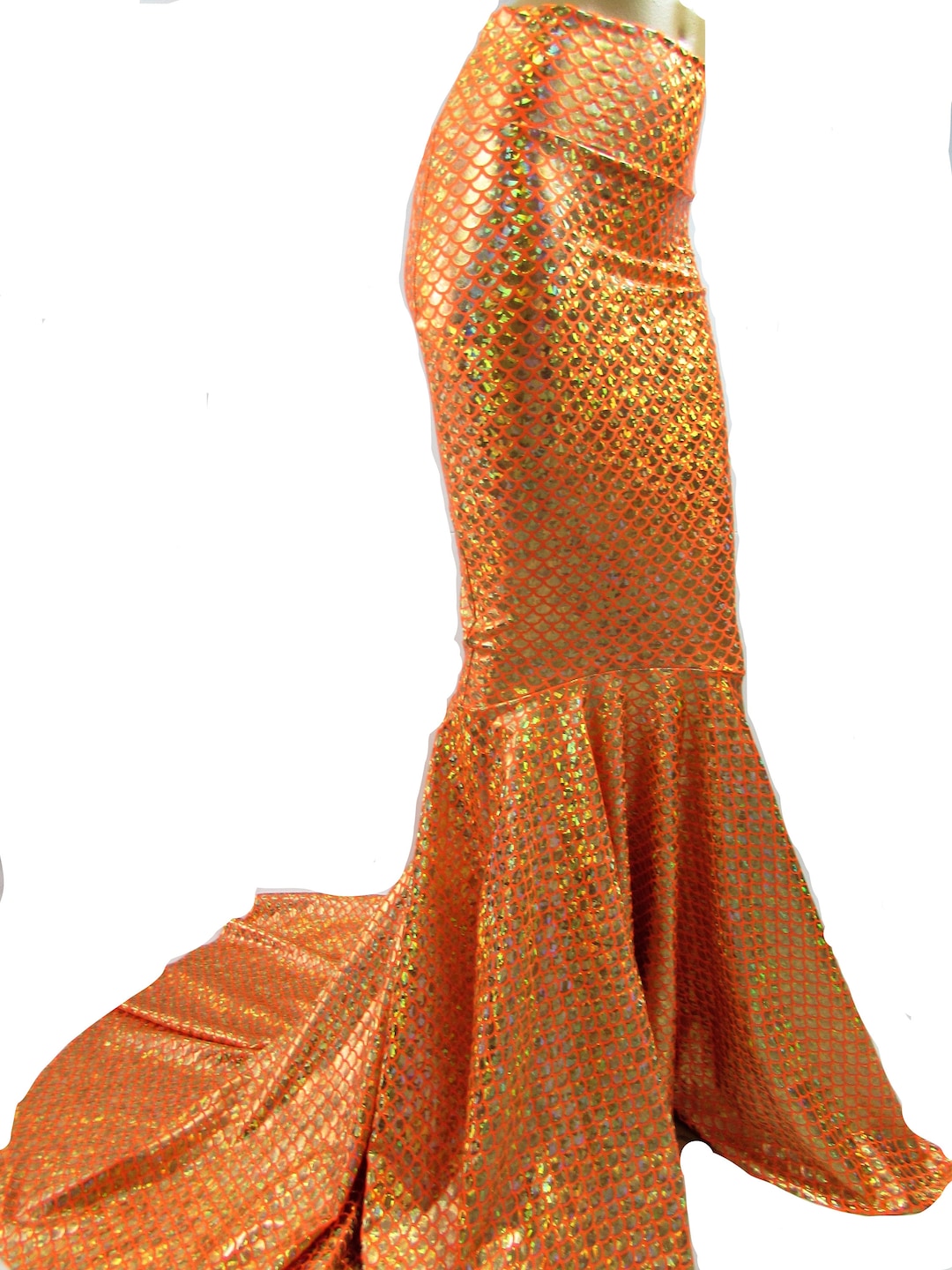 Orange Mermaid Skirt Long Puddle Traing in Back Fish Tail Costume Splash,  Stretch Lycra, Fairy Circle Skirt, Metallic Skirt