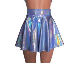 High waisted Skater skirt, Light Blue Holographic Circle skirt comes in 10",12",15", and 19" lengths Clubwear, Rave Wear