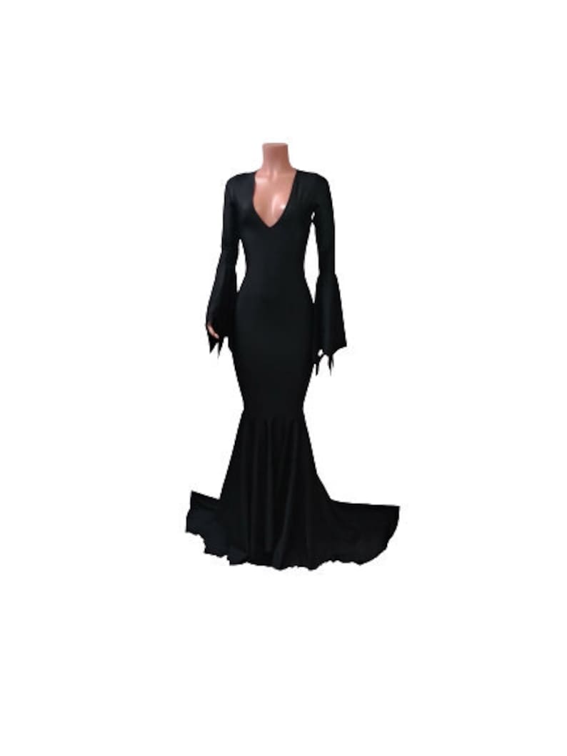 Morticia Addams dress Choose neckline black Mermaid Dress, Witch Goth Vampire  Long puddle train Zanza Designs Clothing Festival Rave Glam 