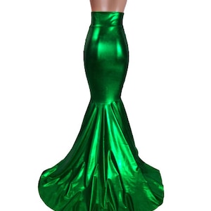 Green metallic Mermaid Skirt Fish tail costume, long flowing puddle train Stretch spandex