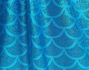 Turquoise Blue Mermaid fabric Spandex fabric Big fish Scale print sold by the 1/4,  half and one Yard