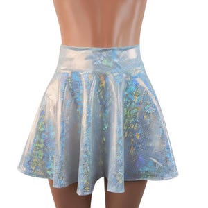 White holographic Skater skirt, Circle skirt Soft flowing fabric comes in 10&quot;,12&quot;,13, 15&quot;, 17,and 19&quot; lengths Clubwear, Rave Wear