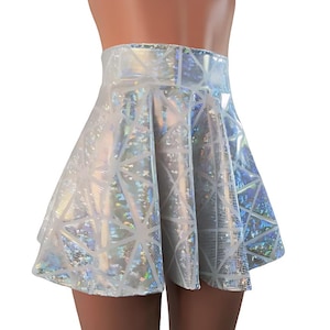 Silver White glass Skater skirt, Circle skirt comes in 10&quot;,12&quot;,15&quot;, and 19&quot; lengths Clubwear, Rave Wear Festival wear