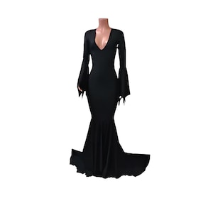 Morticia Addams dress Choose neckline black Mermaid Dress, Witch Goth Vampire  Long puddle train Zanza Designs Clothing Festival Rave Glam