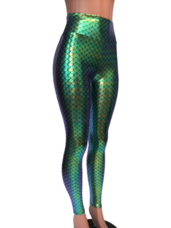 Ladies New Holographic Mermaid Fish Scale Metallic Shiny Stretchy Leggings  Pants