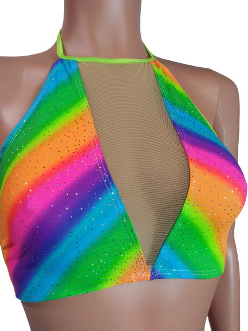 Rainbow Peekaboo Halter top crop top EDC EDM festival party dance Rave Zanza Designs Clothing