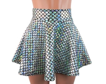 Silver Mermaid Skater skirt, Circle skirt Small round scale fabric comes in 10",12",15", and 19" lengths Clubwear, Rave Wear