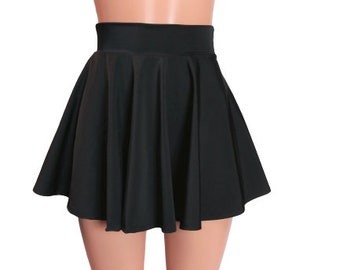 Black Skater skirt, Circle skirt Soft flowing Spandex fabric comes in 10",12", 13" ,15",17", and 19" lengths Clubwear, Rave Wear