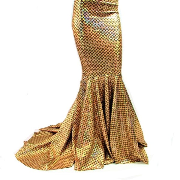 High waist Gold Mermaid Skirt Puddle train Fish tail costume, Stretch Hologram Scales skirt Party Fav