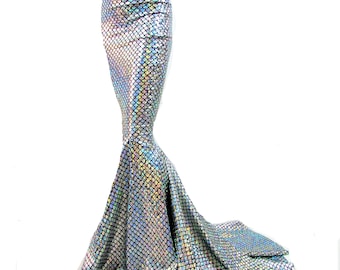 Silver Mermaid Skirt Fish tail costume, Stretch Hologram Scales skirt
