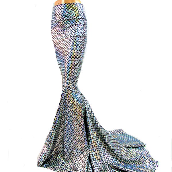 Silver Mermaid Skirt Fish tail costume, Stretch Hologram Scales skirt