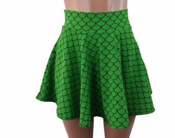 Green Mermaid Skater skirt, Circle skirt Small round scale fabric comes in 10",12",15", and 19" lengths Clubwear, Rave Wear