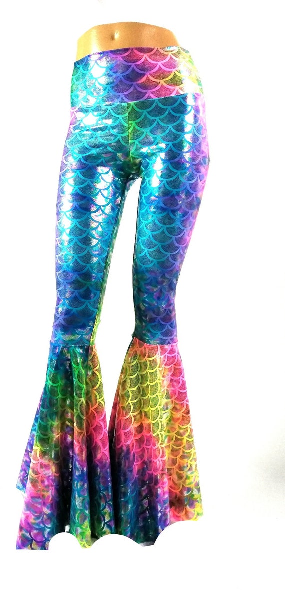 Rainbow bell bottom flares high waist Unicorn Mermaid Leggings | Etsy