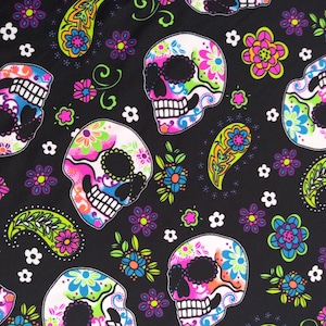 Sugar Skulls fabric Spandex print fabric sold by the  half and full Yard Nylon Spandex Blacklight Reactive Fabrics