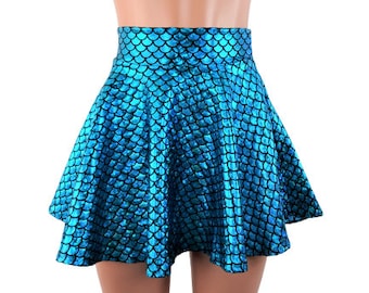 Turquoise Mermaid Skater skirt, Circle skirt Small round scale fabric comes in 10",12",13,15", and 19" lengths Clubwear, Rave Wear