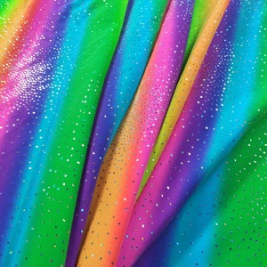 4 way stretch Rainbow Sparkle Hologram Diagional stripe with foil sparkle Print Spandex fabric sold by the 1/4, half and full Yard