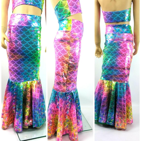 Girls Rainbow Mermaid Skirt fish tail Performance halloween Dance Pageants Birthday party skirt