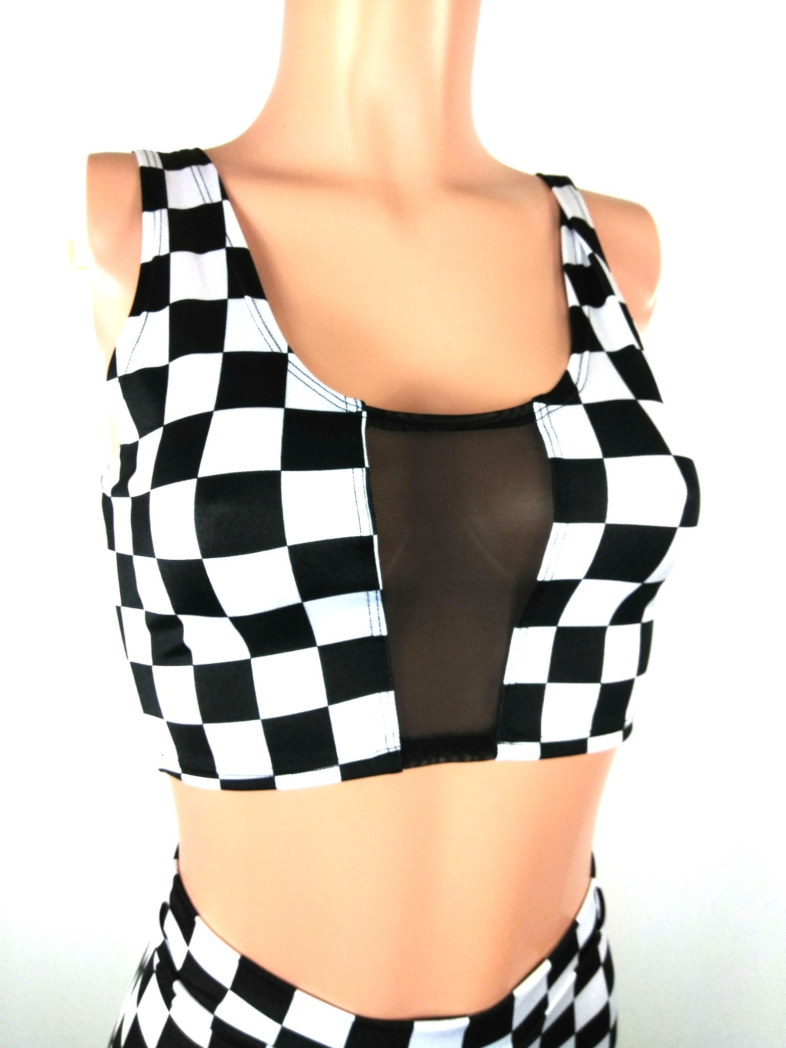 Checker Print Peekaboo Tank Top Crop Top Black and White Festival Party ...