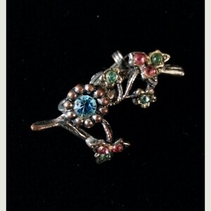 Dainty Vintage Brooch with Aquamarine, Peridot and Ruby Rhinestone Accents