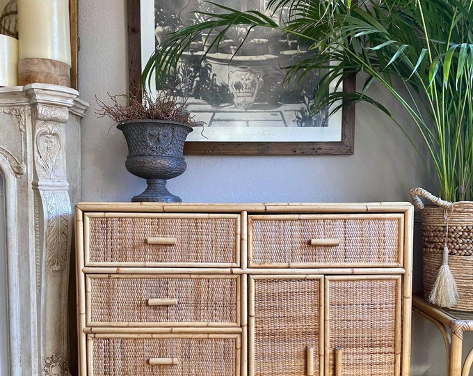 Rattan Sideboard Wicker Vintage Credenza Buffet Dresser Bamboo and Cane