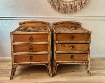 Pair of Vintage Bamboo Nightstands - Rattan Side tables - British Colonial Bedsides