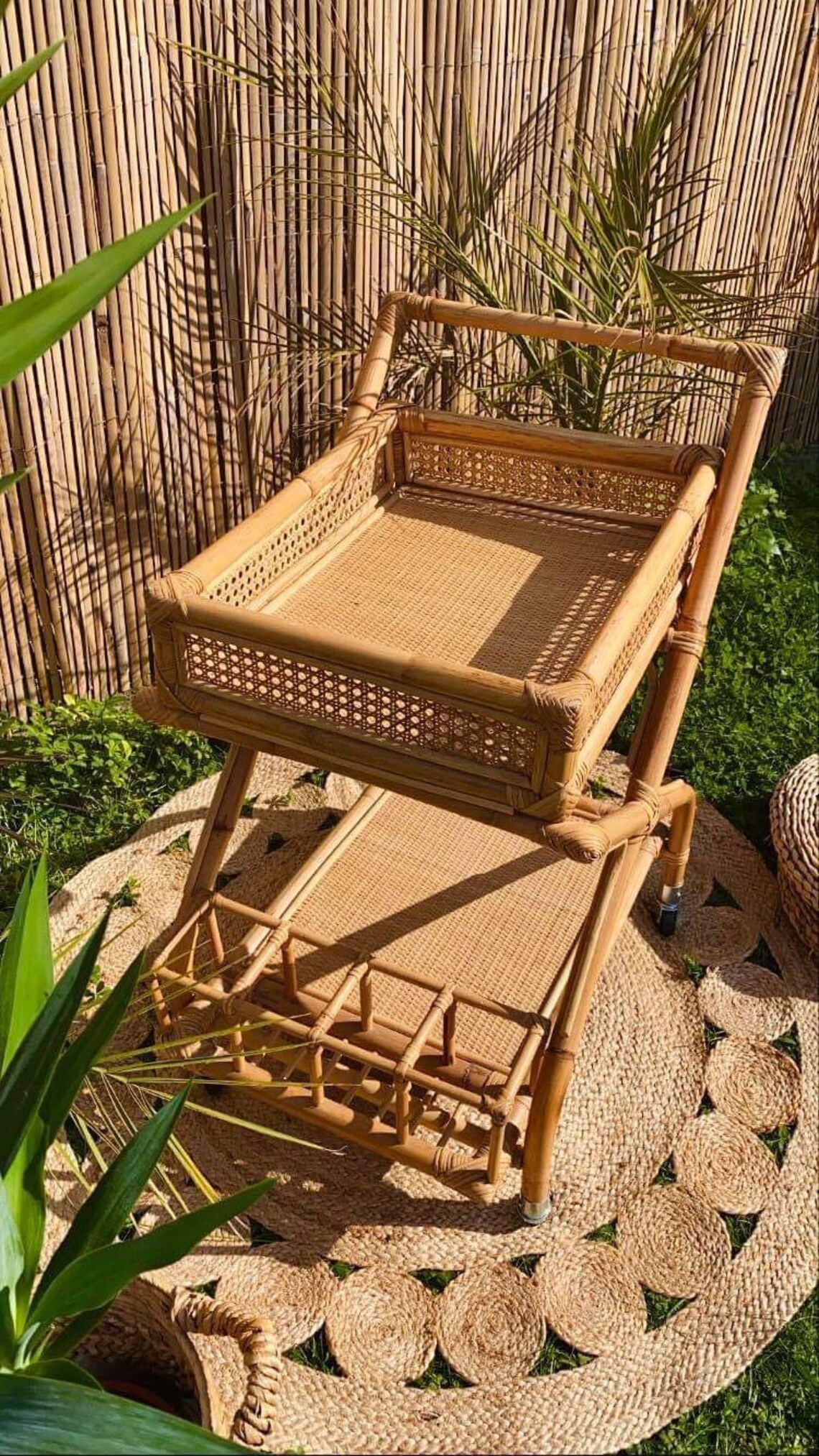 Bamboo and cane serving trolley cart Boho furniture 70s Etsy