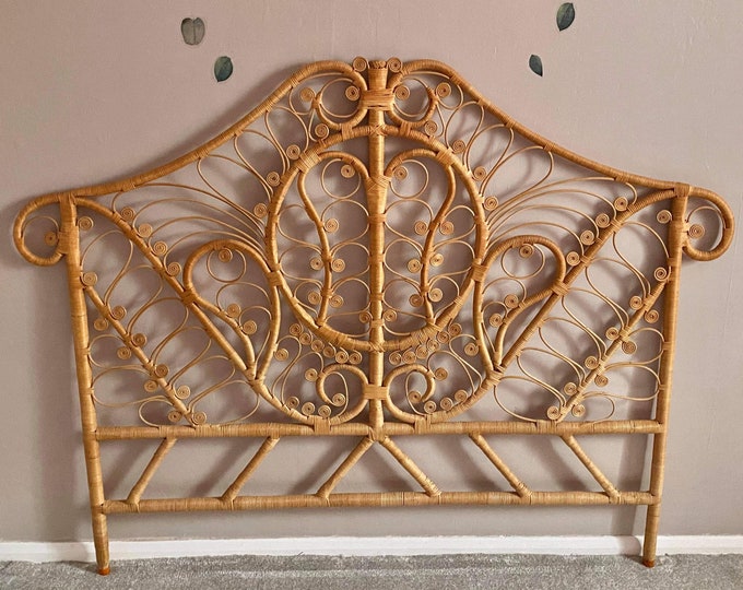 Vintage Peacock Rattan Headboard Midcentury Furniture Boho Bedhead