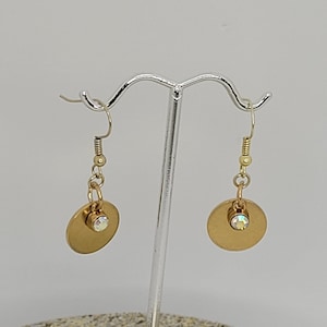 Brass Dangle Drop Earrings with Crystal, gold, brass, crystal, circle, minimalist