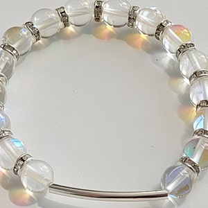 Moonstone Glass Bracelets Iridescent 8mm Beads stretch with Rhinestones and Silver bar, handmade beaded bracelet, stackable, wedding