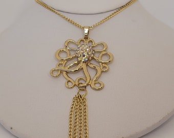 30 Inch matte gold chain, Rhinestone Octopus Pendant with dangle chains, long chain, gold chain, statement pendant,