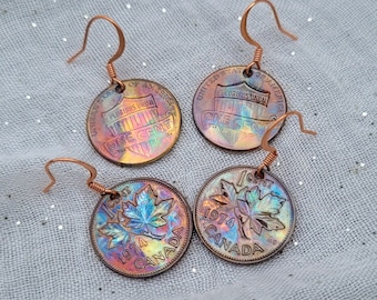 Flame Painted Copper Penny Earrings in Canadian or U.S. Pennies