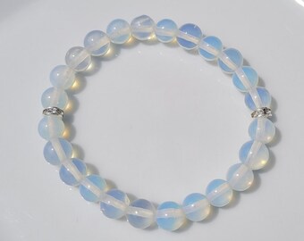 White Opal Natuursteen Stretch Armband, Opalite handgemaakte kralenarmband, stapelbaar, 8mm