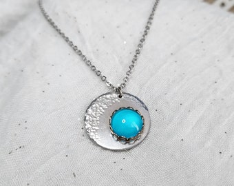 Silver Chain with Turquoise Cat's Eye Stone Pendant, 18 inch Chain, Stainless steel, Round pendant, blues, one of a kind, unique, handmade