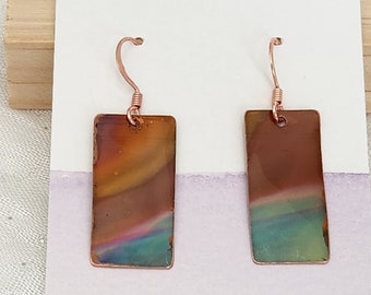 Flame Painted Copper Earrings, Rectangle, Dangle and drop, one inch, boho, one of a kind,