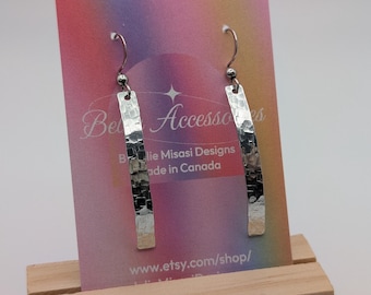 Copper Bar Earrings, Silver, Skinny, Convex, textured, hammered, Boho, shiny, Minimalist, dangle, Handmade,