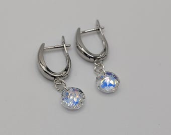 Sterling silver Swarovski Crystal Earrings, Dangle and Drop, Clear Crystal, 8mm crystal, Elegant Earrings, Prom Earrings, gift for her,
