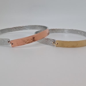 Bangle Bracelet, skinny, mixed metal, silver, gold, copper, hammered, stackable