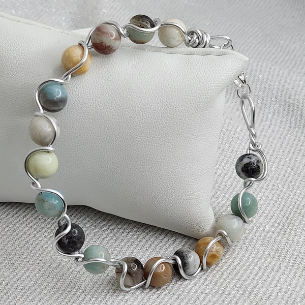 Amazonite Semi- Precious wire wrapped beaded bracelets, iridescent beads, Flash crystal moonstone beads, Matte Austrian Crystal Beads,