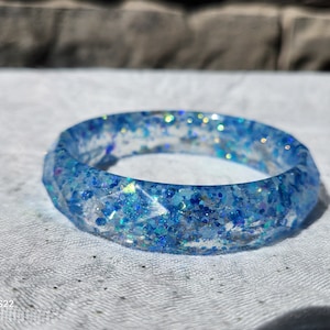 Bangle Bracelet with Glitter, Glow in the Dark, Faceted, Chunky, Stackable, Wide, resin
