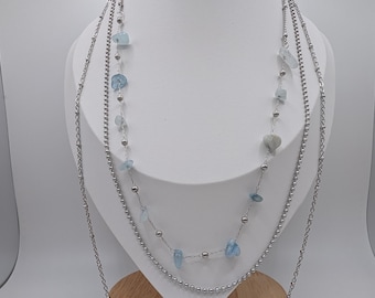 Layered Quartz Amethyst Necklace, Stainless Steel Triple Strand, Blue Gemstone Jewelry