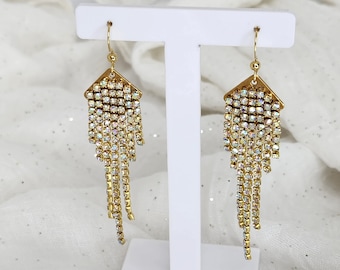 Long Gold Rhinestone Dangle Drop Earrings, Waterfall Earrings, Crystal drop earrings, Wedding Earrings, formal earrings, prom,