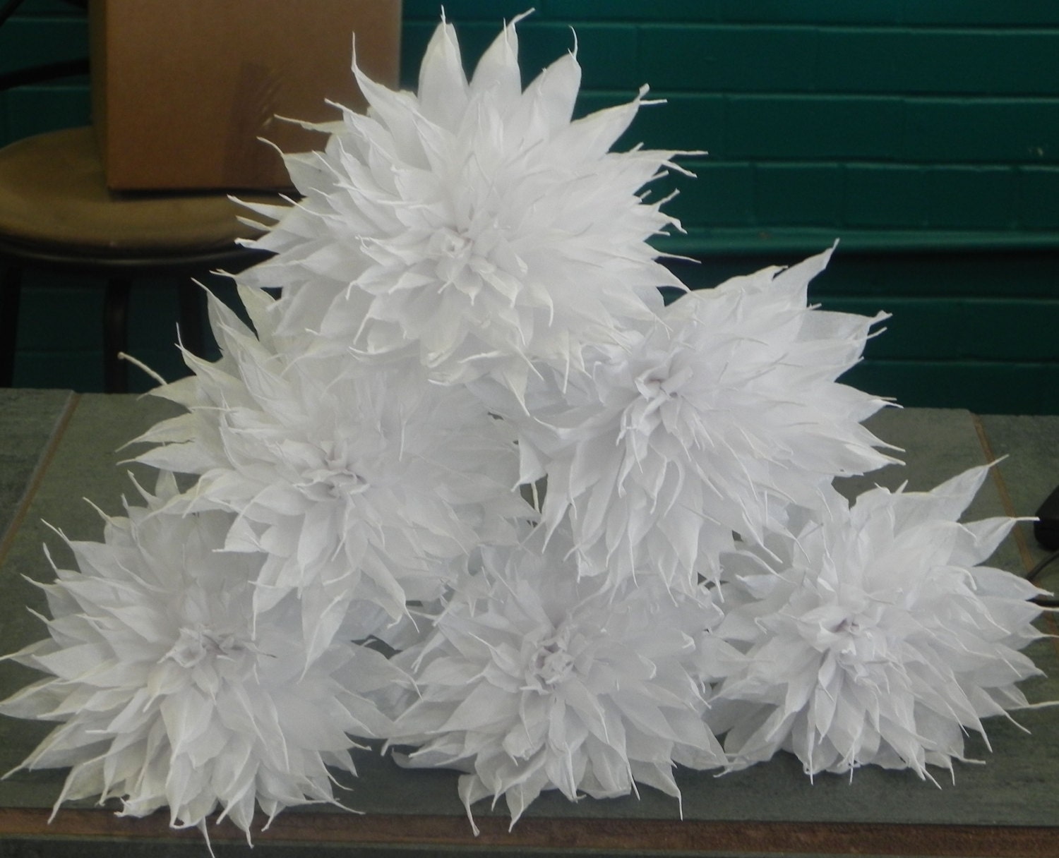 Mexican Crepe Paper Flowers Set of 6 White Wedding Fiesta Dhalias we