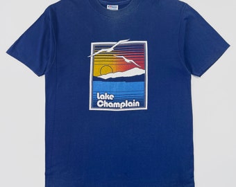 Vintage 80s Lake Champlain T Shirt Large Navy Blue Hanes 50/50 Blend