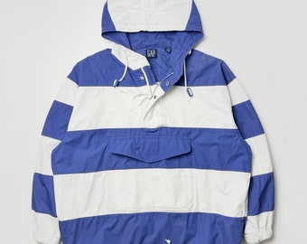 Vintage 90s GAP Bold Stripe Cotton Anorak Large-XL Fit Blue / White Sailing