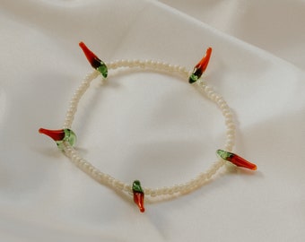 Hot Chili Bracelet • Colorful Beaded Bracelet • Murano Glass Pepper Charms • Boho Bracelet • Pearl Seed Bead Bracelet • Stackable Bracelets