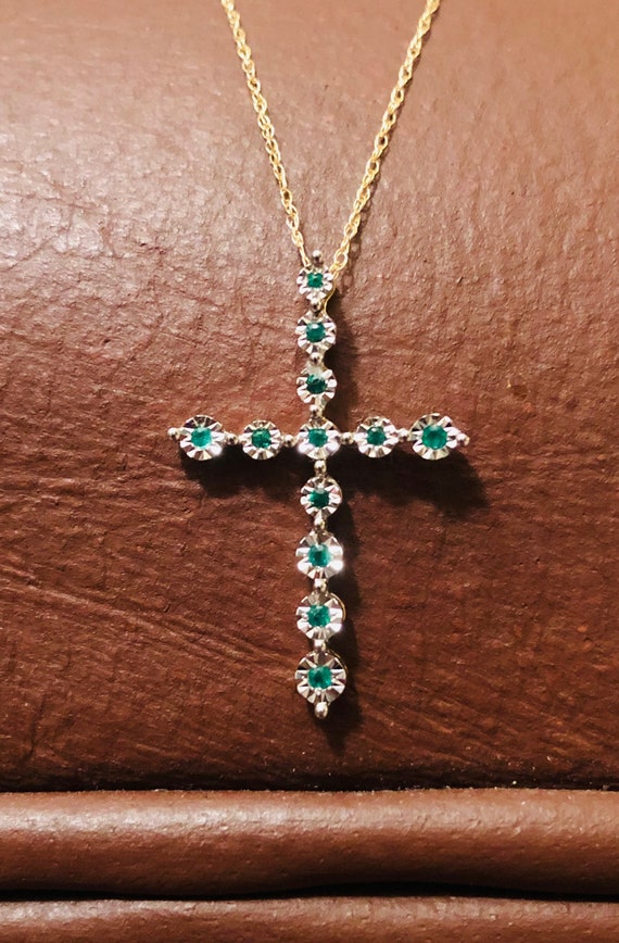Natural Emerald And Gold Cross Pendant Necklace 1… - image 1
