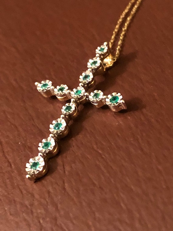 Natural Emerald And Gold Cross Pendant Necklace 1… - image 5