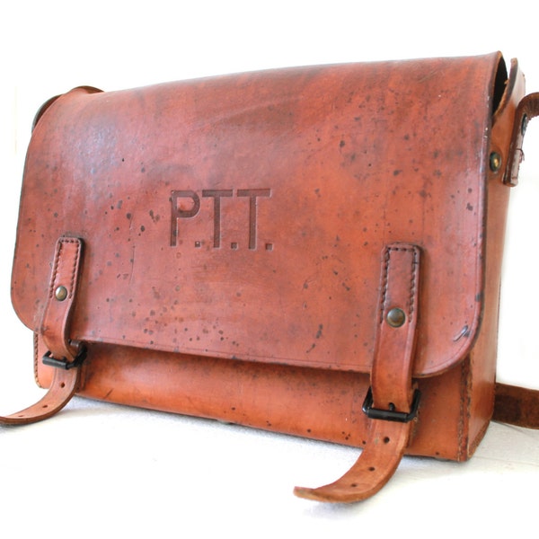 French Vintage Leather Postman Messenger Bag. Embossed PTT.