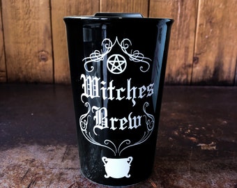 Travel Mug - Witches Brew - Cauldron - Pentagram - Insulated Ceramic Tumbler with Lid