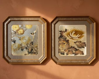 Vintage Lin-Art Japanese Chokin Etched Metal Pair #115 and #124, Florals and Birds, Octagonal Frames